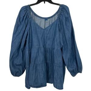 Old Navy Chambray Peasant Top 2X Blue Boho Cottagecore Balloon Sleeve Blouse